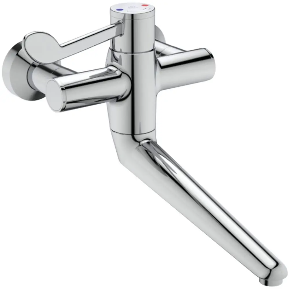 Wandthermostat in Chrom-Ausführung von Ideal Standard mit einem einarmigen Bedienhebel zur Temperaturregelung, montiert an Wandanschlüssen.